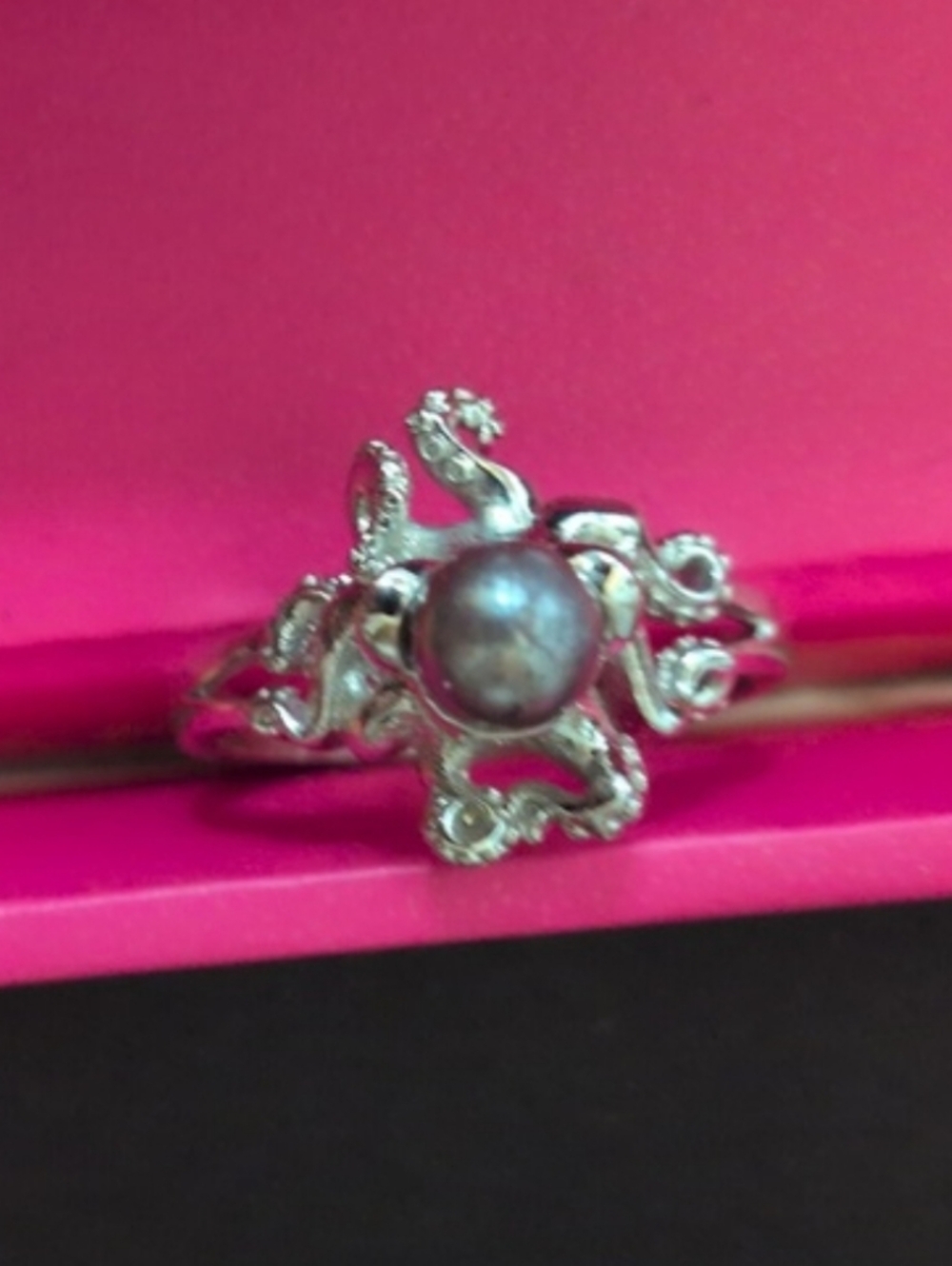 Vintage Estate Black Freshwater 925 Silver Cultured Pearl Ring  Octopus